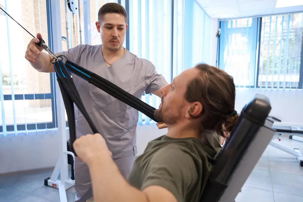 physiotherapy patient exercising arm with therapist